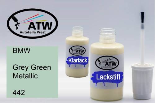 BMW, Grey Green Metallic, 442: 20ml Lackstift + 20ml Klarlack - Set, von ATW Autoteile West.